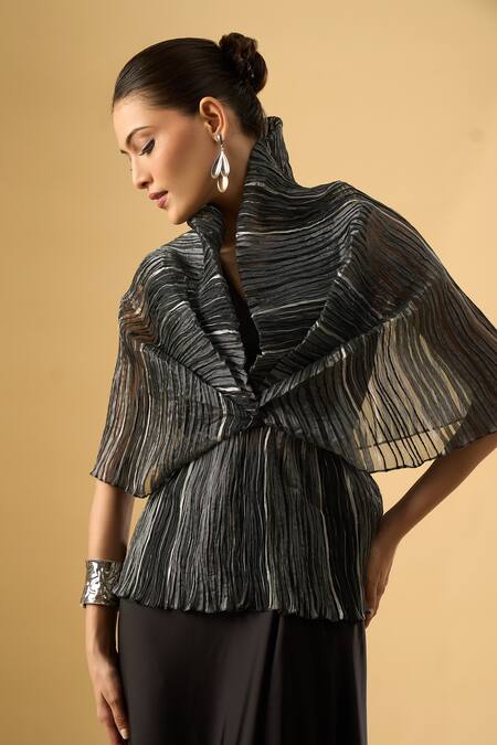 Shop_Ritika Arya Jain_Black High Neck, Queen Pleated Top _Online_at_Aza_Fashions