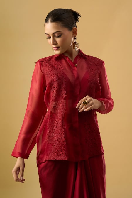 Buy_Ritika Arya Jain_Red Lace, Embroidery Collared, V-neck Amara Floral Embellished Shirt _Online_at_Aza_Fashions