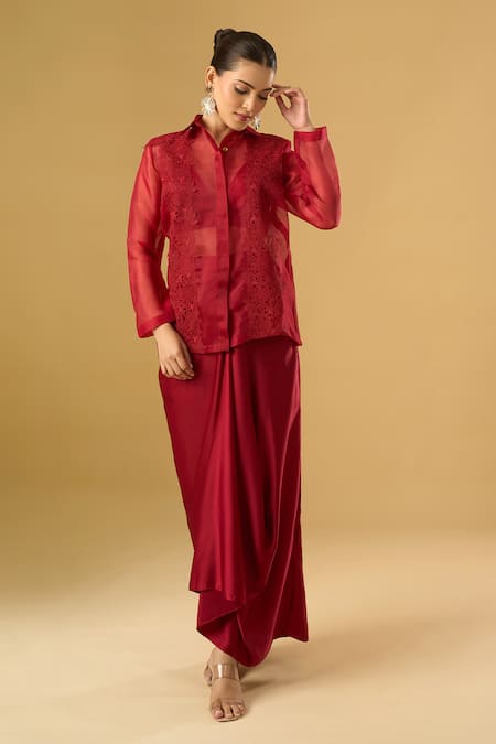 Shop_Ritika Arya Jain_Red Lace, Embroidery Collared, V-neck Amara Floral Embellished Shirt _Online_at_Aza_Fashions