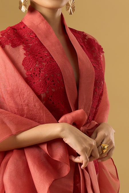 Ritika Arya Jain_Pink Lace, Embroidery, Applique V-neck Amara Floral Embellished Cape Top _Online_at_Aza_Fashions