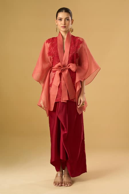 Buy_Ritika Arya Jain_Pink Lace, Embroidery, Applique V-neck Amara Floral Embellished Cape Top _Online_at_Aza_Fashions