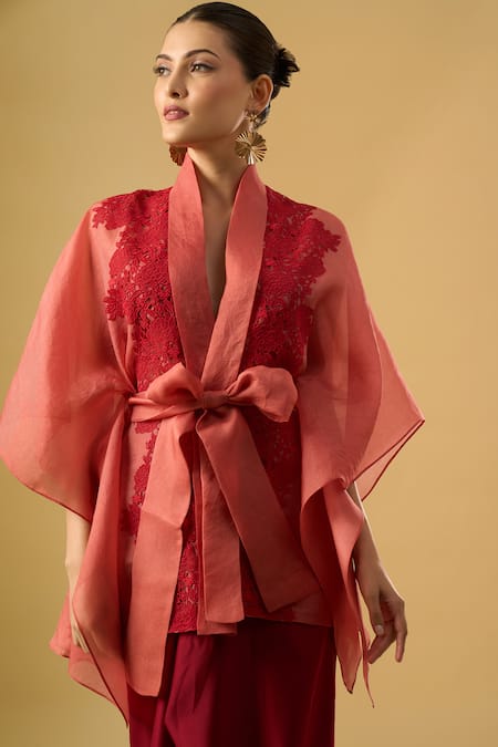 Shop_Ritika Arya Jain_Pink Lace, Embroidery, Applique V-neck Amara Floral Embellished Cape Top _Online_at_Aza_Fashions