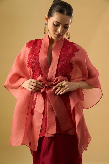 Ritika Arya Jain_Pink Lace, Embroidery, Applique V-neck Amara Floral Embellished Cape Top _at_Aza_Fashions