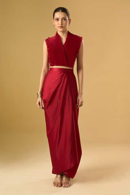 Buy_Ritika Arya Jain_Red High Neck Pleated Pre-draped Saree With Blouse _Online_at_Aza_Fashions