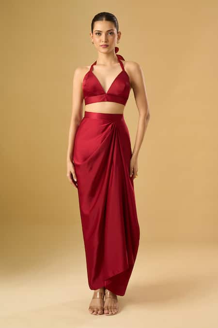 Ritika Arya Jain_Red Satin High Neck, Halter Neck, Embroidered Cape Skirt Set _Online_at_Aza_Fashions