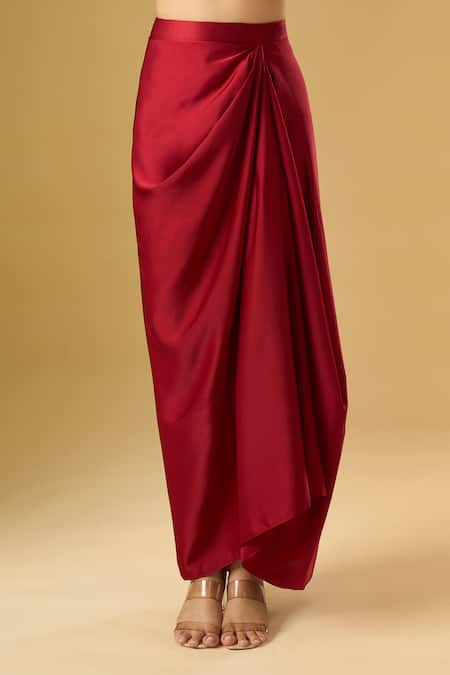 Ritika Arya Jain_Red Satin High Neck, Halter Neck, Embroidered Cape Skirt Set _at_Aza_Fashions