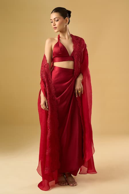 Buy_Ritika Arya Jain_Red Satin High Neck, Halter Neck, Embroidered Cape Skirt Set 