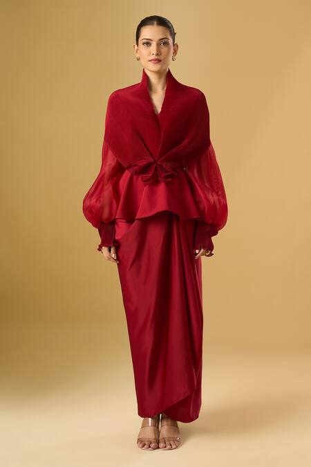Shop_Ritika Arya Jain_Red Shawl , High Embroidered Top And Draped Skirt Set _Online_at_Aza_Fashions