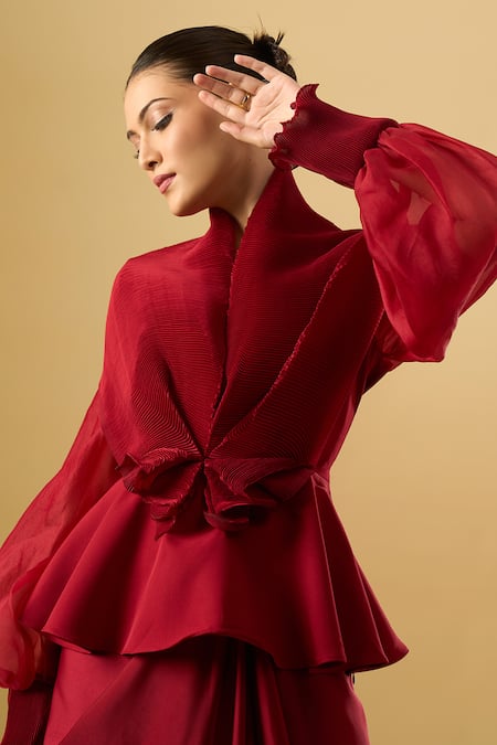 Ritika Arya Jain_Red Shawl , High Embroidered Top And Draped Skirt Set _at_Aza_Fashions