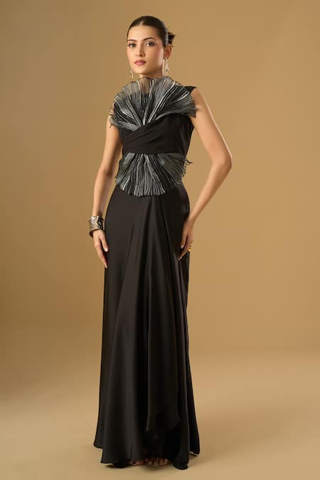 Buy_Ritika Arya Jain_Black Ruffles Round Neck Cropped Rim Top _Online_at_Aza_Fashions