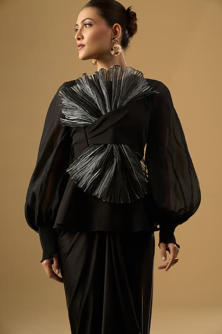 Ritika Arya Jain_Black Ruffles Round Neck Rim Peplum Top _Online_at_Aza_Fashions