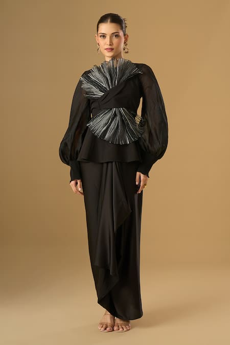 Buy_Ritika Arya Jain_Black Ruffles Round Neck Rim Peplum Top _Online_at_Aza_Fashions