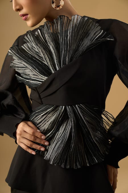 Ritika Arya Jain_Black Ruffles Round Neck Rim Peplum Top _at_Aza_Fashions