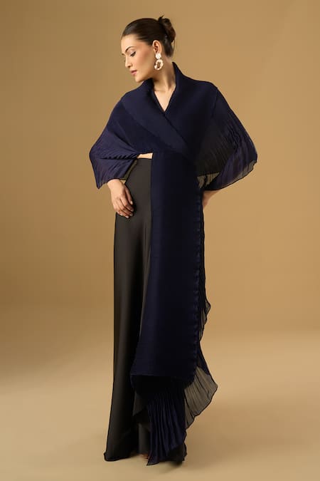 Buy_Ritika Arya Jain_Navy V-neck Naqia Pleated Top With Skirt _Online_at_Aza_Fashions