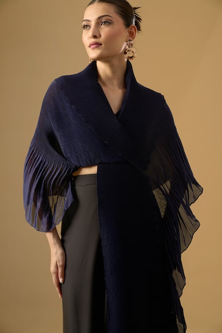Shop_Ritika Arya Jain_Navy V-neck Naqia Pleated Top With Skirt _Online_at_Aza_Fashions