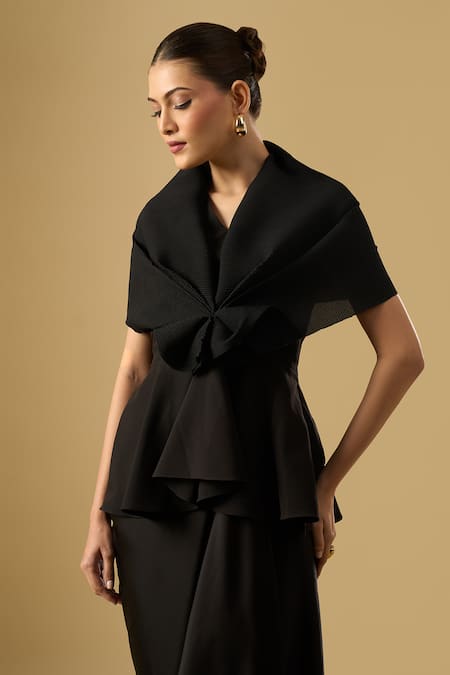 Buy_Ritika Arya Jain_Black Bows V-neck Mia Love Pleated Top With Draped Skirt _Online_at_Aza_Fashions