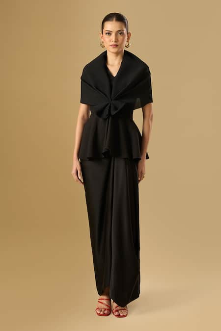 Shop_Ritika Arya Jain_Black Bows V-neck Mia Love Pleated Top With Draped Skirt _Online_at_Aza_Fashions