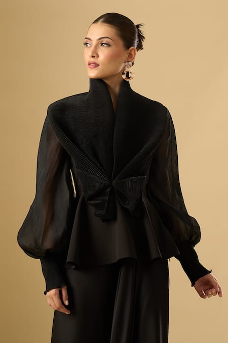 Buy_Ritika Arya Jain_Black High Neck Love Pleated Top _Online_at_Aza_Fashions