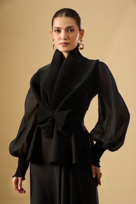 Shop_Ritika Arya Jain_Black High Neck Love Pleated Top _Online_at_Aza_Fashions