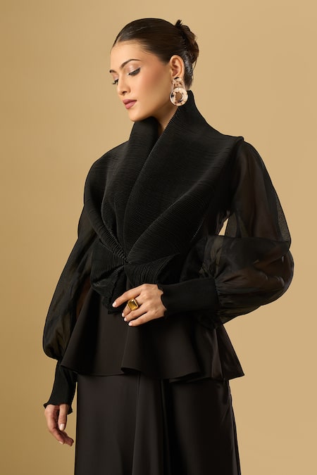 Ritika Arya Jain_Black High Neck Love Pleated Top _at_Aza_Fashions