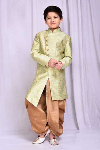 Petite Pomme_Green Jacquard, Silk Embroidery Geometric Pattern Sherwani With Dhoti Pant _Online_at_Aza_Fashions