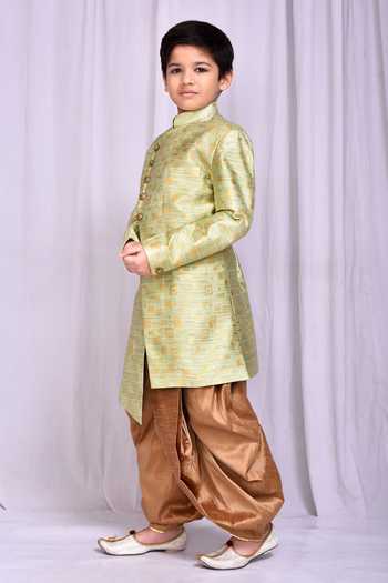 Buy_Petite Pomme_Green Jacquard, Silk Embroidery Geometric Pattern Sherwani With Dhoti Pant _Online_at_Aza_Fashions