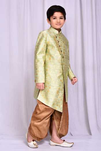 Shop_Petite Pomme_Green Jacquard, Silk Embroidery Geometric Pattern Sherwani With Dhoti Pant _Online_at_Aza_Fashions