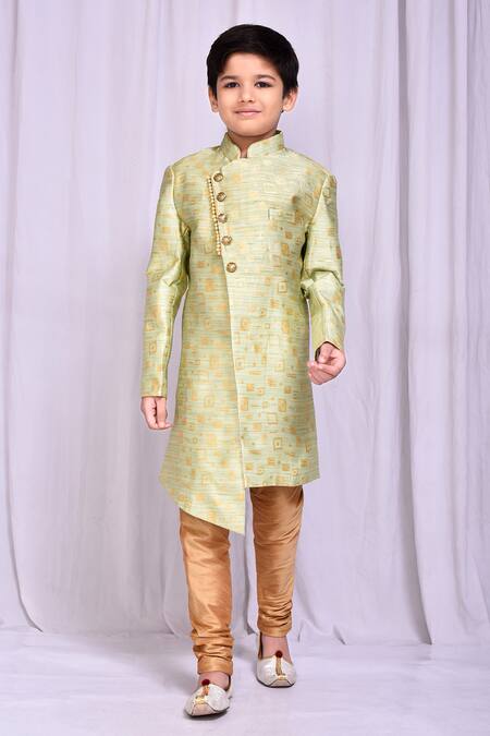 Buy_Petite Pomme_Green Jacquard, Silk Geometric Pattern Sherwani With Churidar _Online_at_Aza_Fashions