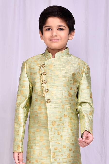 Shop_Petite Pomme_Green Jacquard, Silk Geometric Pattern Sherwani With Churidar _Online_at_Aza_Fashions