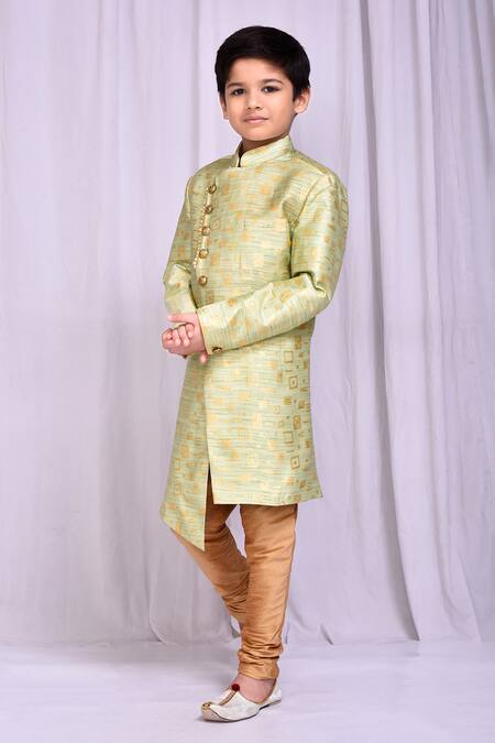 Petite Pomme_Green Jacquard, Silk Geometric Pattern Sherwani With Churidar _at_Aza_Fashions