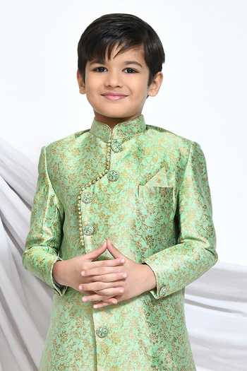 Petite Pomme_Green Jacquard Embroidery Floral Pattern Sherwani _Online_at_Aza_Fashions