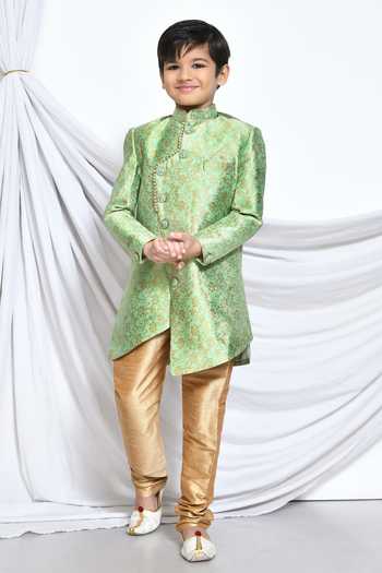 Buy_Petite Pomme_Green Jacquard Embroidery Floral Pattern Sherwani _Online_at_Aza_Fashions