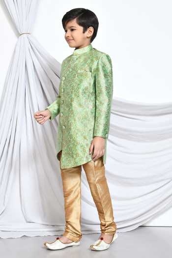 Shop_Petite Pomme_Green Jacquard Embroidery Floral Pattern Sherwani _Online_at_Aza_Fashions