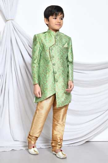 Petite Pomme_Green Jacquard Embroidery Floral Pattern Sherwani _at_Aza_Fashions