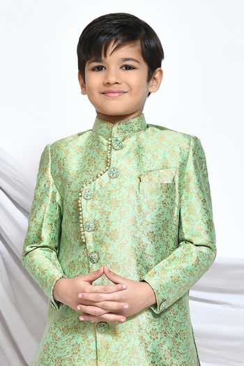Petite Pomme_Green Jacquard, Silk Embroidery Floral Pattern Sherwani With Dhoti Pant _Online_at_Aza_Fashions