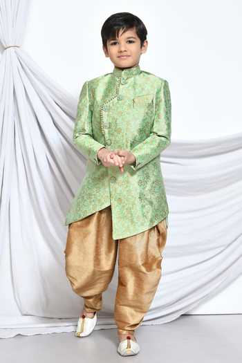 Buy_Petite Pomme_Green Jacquard, Silk Embroidery Floral Pattern Sherwani With Dhoti Pant _Online_at_Aza_Fashions