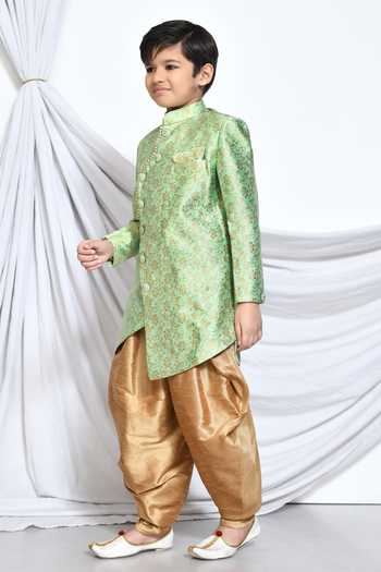 Shop_Petite Pomme_Green Jacquard, Silk Embroidery Floral Pattern Sherwani With Dhoti Pant _Online_at_Aza_Fashions