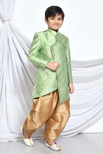 Buy_Petite Pomme_Green Jacquard, Silk Embroidery Floral Pattern Sherwani With Dhoti Pant 