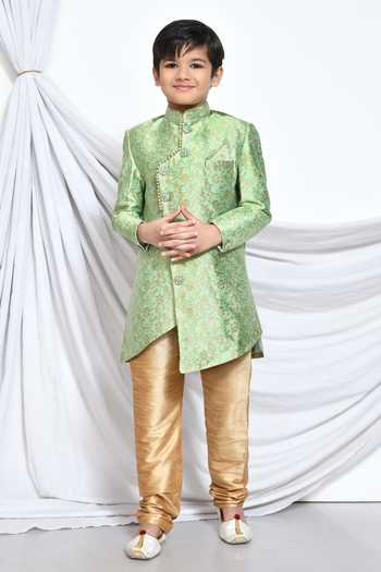 Petite Pomme_Green Jacquard, Silk Embroidery Floral Pattern Sherwani With Churidar _Online_at_Aza_Fashions