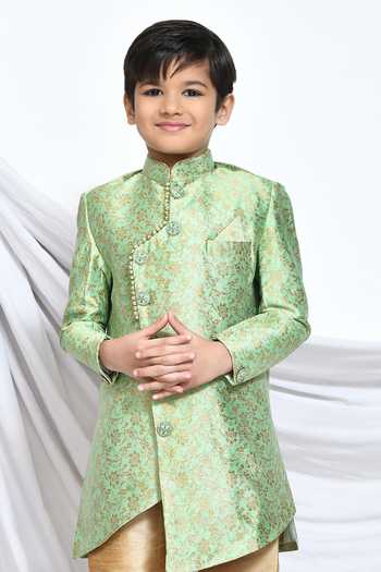 Buy_Petite Pomme_Green Jacquard, Silk Embroidery Floral Pattern Sherwani With Churidar _Online_at_Aza_Fashions