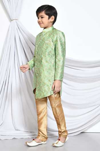 Shop_Petite Pomme_Green Jacquard, Silk Embroidery Floral Pattern Sherwani With Churidar _Online_at_Aza_Fashions