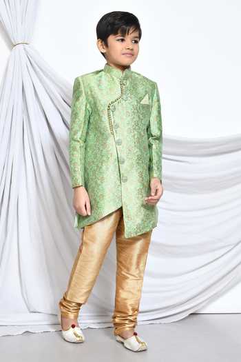 Buy_Petite Pomme_Green Jacquard, Silk Embroidery Floral Pattern Sherwani With Churidar 