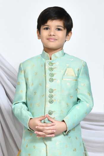 Buy_Petite Pomme_Green Jacquard, Silk Embroidery Leaf Vine Butti Pattern Sherwani With Dhoti Pant _Online_at_Aza_Fashions