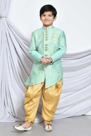 Shop_Petite Pomme_Green Jacquard, Silk Embroidery Leaf Vine Butti Pattern Sherwani With Dhoti Pant _Online_at_Aza_Fashions