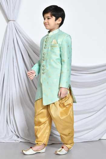 Petite Pomme_Green Jacquard, Silk Embroidery Leaf Vine Butti Pattern Sherwani With Dhoti Pant _at_Aza_Fashions