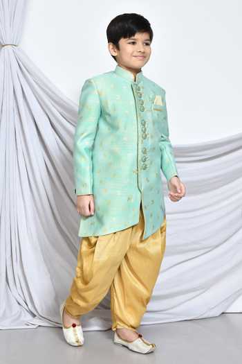 Buy_Petite Pomme_Green Jacquard, Silk Embroidery Leaf Vine Butti Pattern Sherwani With Dhoti Pant 