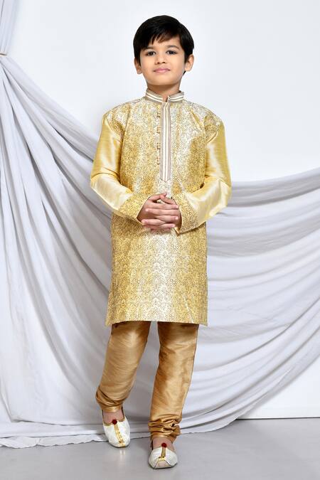 Petite Pomme_Beige Silk Embroidery Paisley Kurta _Online_at_Aza_Fashions