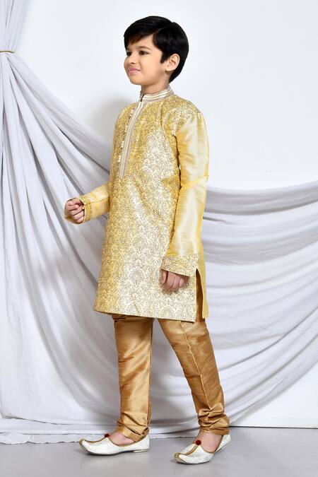 Shop_Petite Pomme_Beige Silk Embroidery Paisley Kurta _Online_at_Aza_Fashions