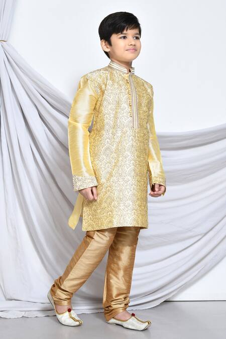 Petite Pomme_Beige Silk Embroidery Paisley Kurta _at_Aza_Fashions