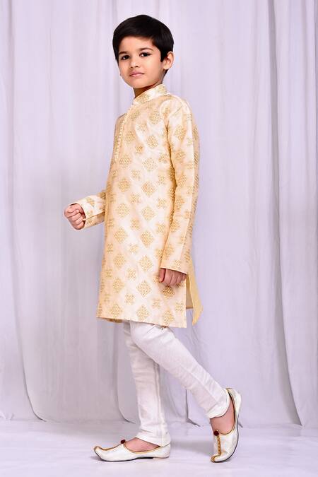 Shop_Petite Pomme_Beige Silk Embroidery Bloom Cluster Kurta With Churidar _Online_at_Aza_Fashions